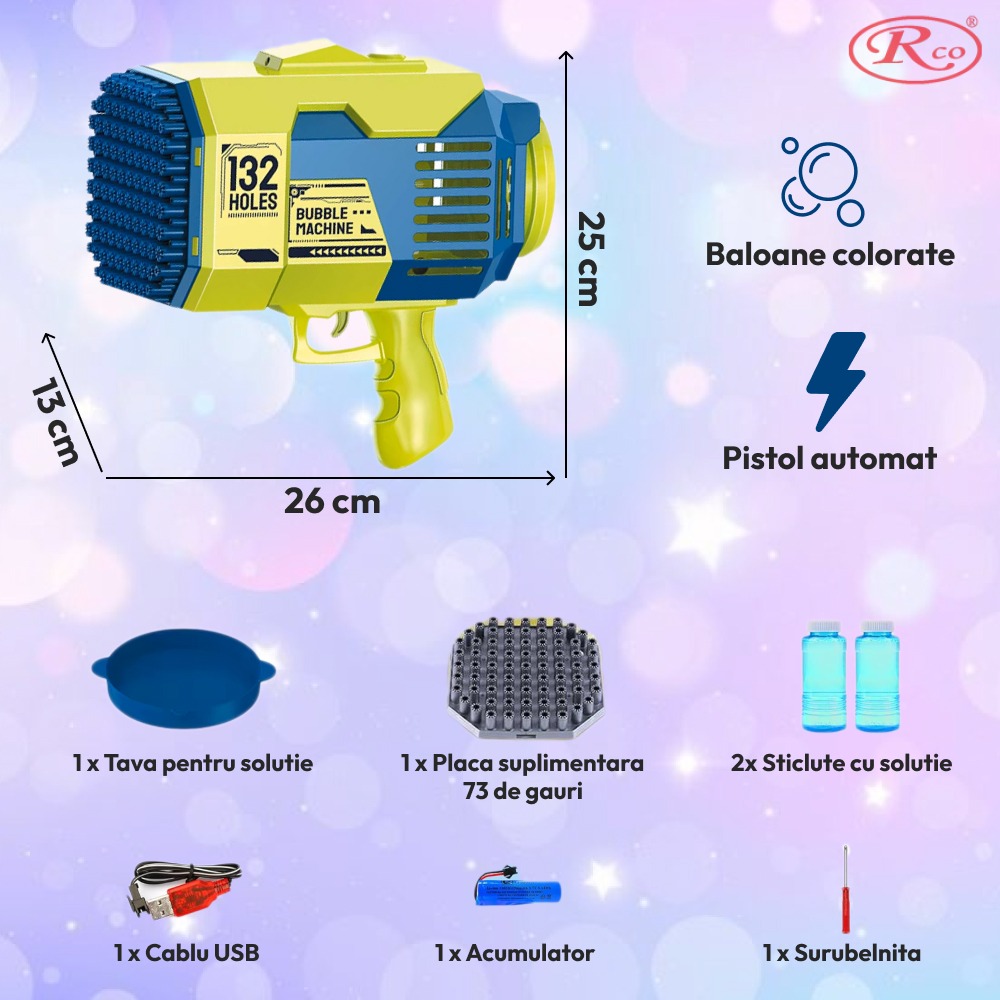 pistol cu baloane de sapun cu acumulator si 2 capete interschimbabile verde