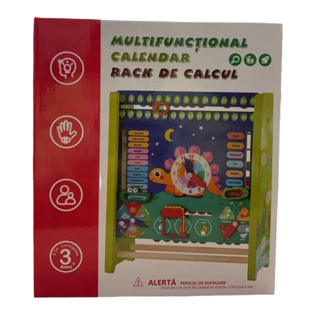 Tabla educativa din lemn 2-în-1 cu dinozaur și abac colorat – Ceas, zile, anotimpuri și numere