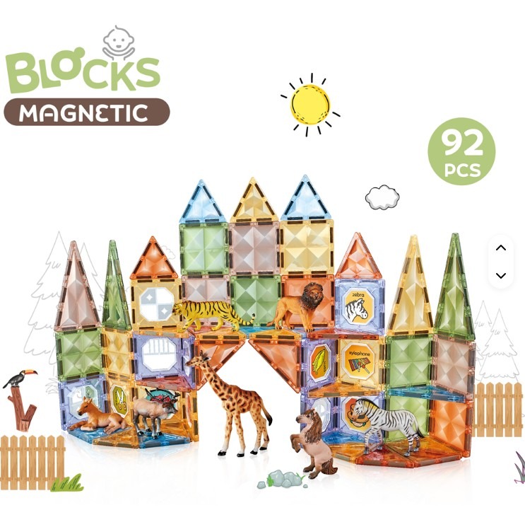 Set de construcție magnetic Blocks Magnetic Gradina Zoologica – 92 piese