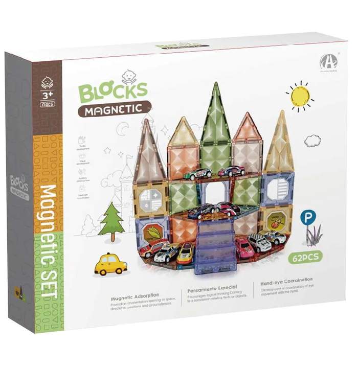Set de construcție magnetic Blocks Magnetic Masinute – 62 piese