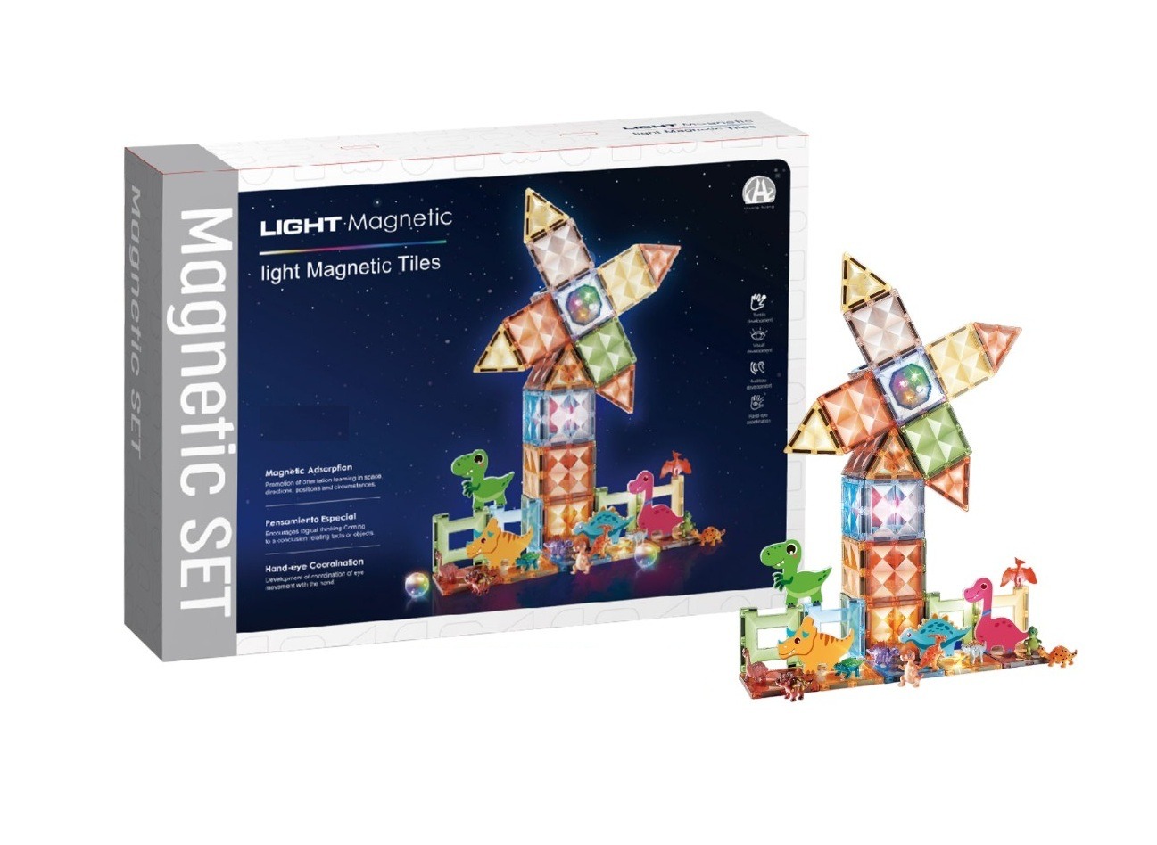 Set magnetic de construcție cu lumină Dinozauri – 82 piese