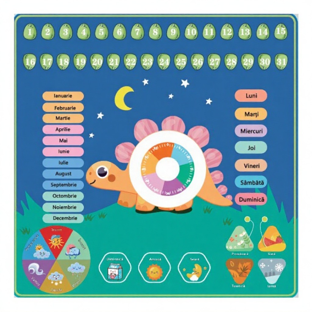 Tabla educativa din lemn 2-în-1 cu dinozaur și abac colorat – Ceas, zile, anotimpuri și numere