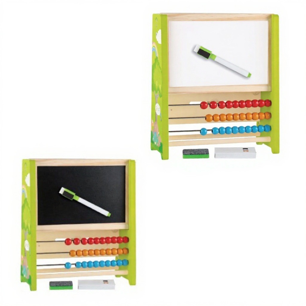 Tabla educativa din lemn 2-în-1 cu dinozaur și abac colorat – Ceas, zile, anotimpuri și numere