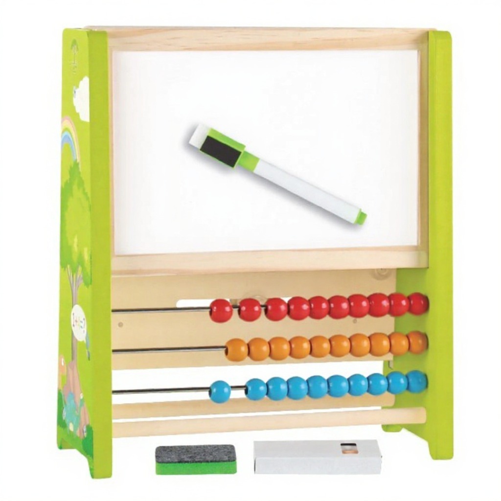 Tabla educativa din lemn 2-în-1 cu dinozaur și abac colorat – Ceas, zile, anotimpuri și numere