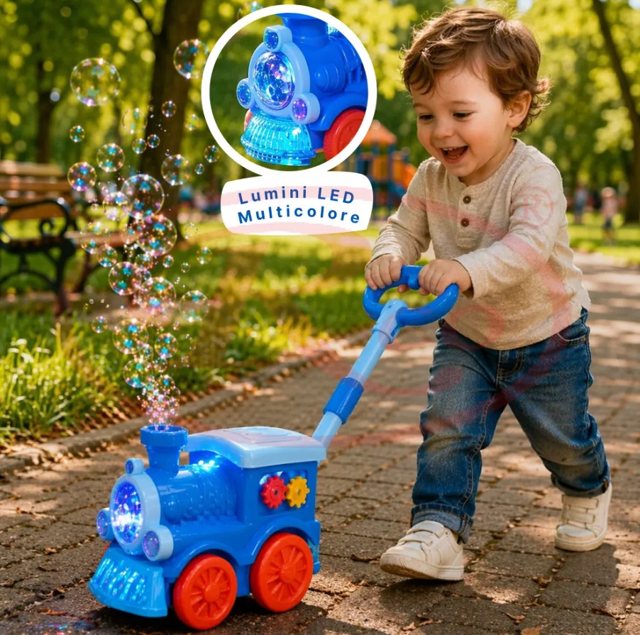 Jucarie interactiva 2 in 1 de impins cu baloane de sapun si lumini LED Locomotiva