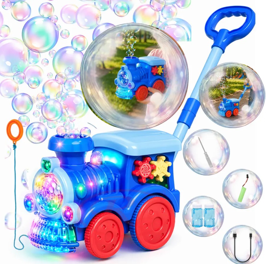 Jucarie interactiva 2 in 1 de impins cu baloane de sapun si lumini LED Locomotiva