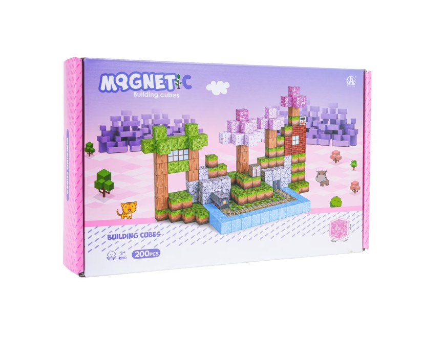 Set cuburi magnetice tip Minecraft Pink Mqgnetic 200 piese