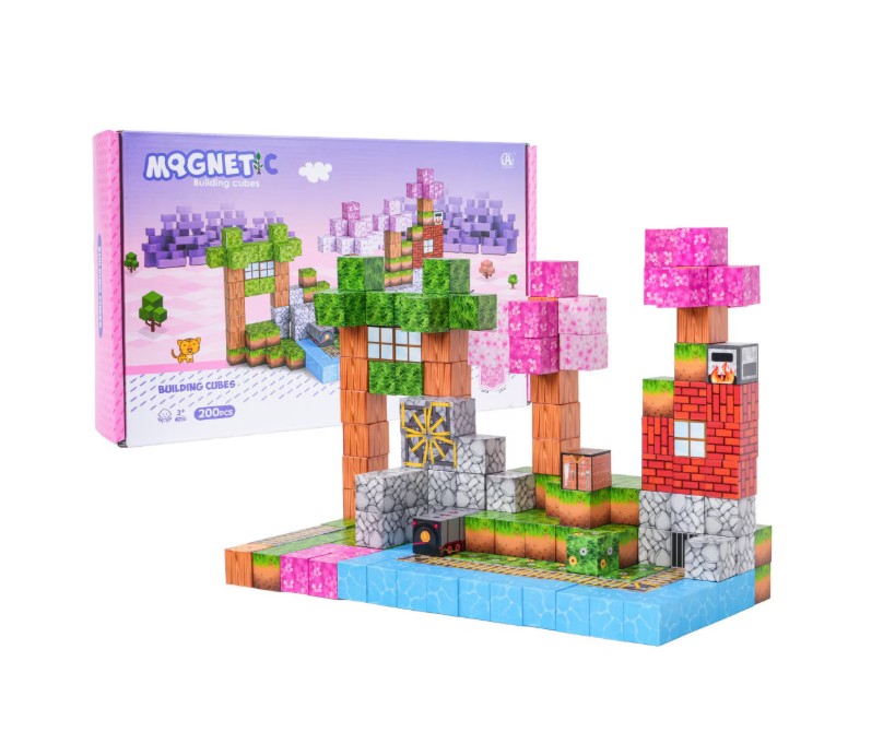 Set cuburi magnetice tip Minecraft Pink Mqgnetic 200 piese
