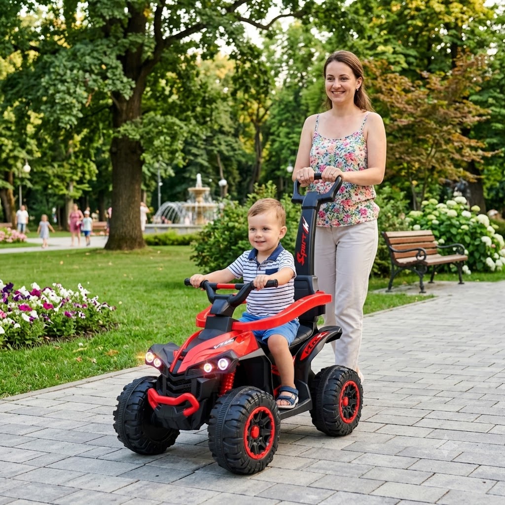 ATV pentru copii cu maner parental muzica si lumini, 2-4 ani Rosu