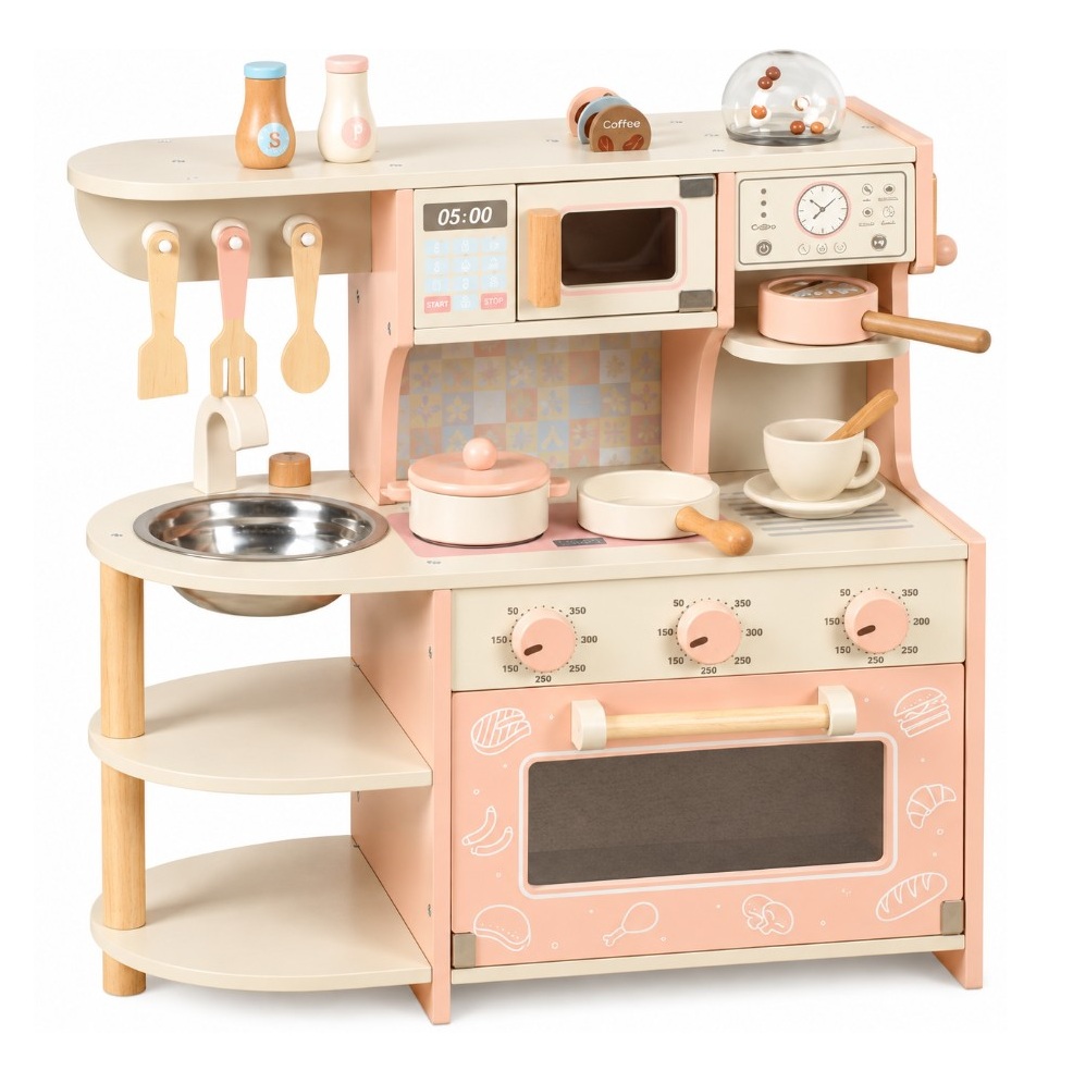 Bucatarie din lemn roz pastel cu cafetiera, cuptor, chiveta si accesorii MSN