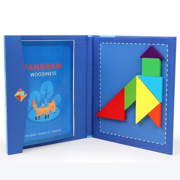 Joc Tangram Magnetic din Lemn – Carte Educativa Pliabila