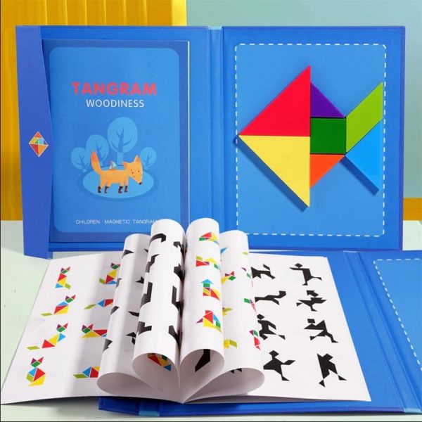 Joc Tangram Magnetic din Lemn – Carte Educativa Pliabila