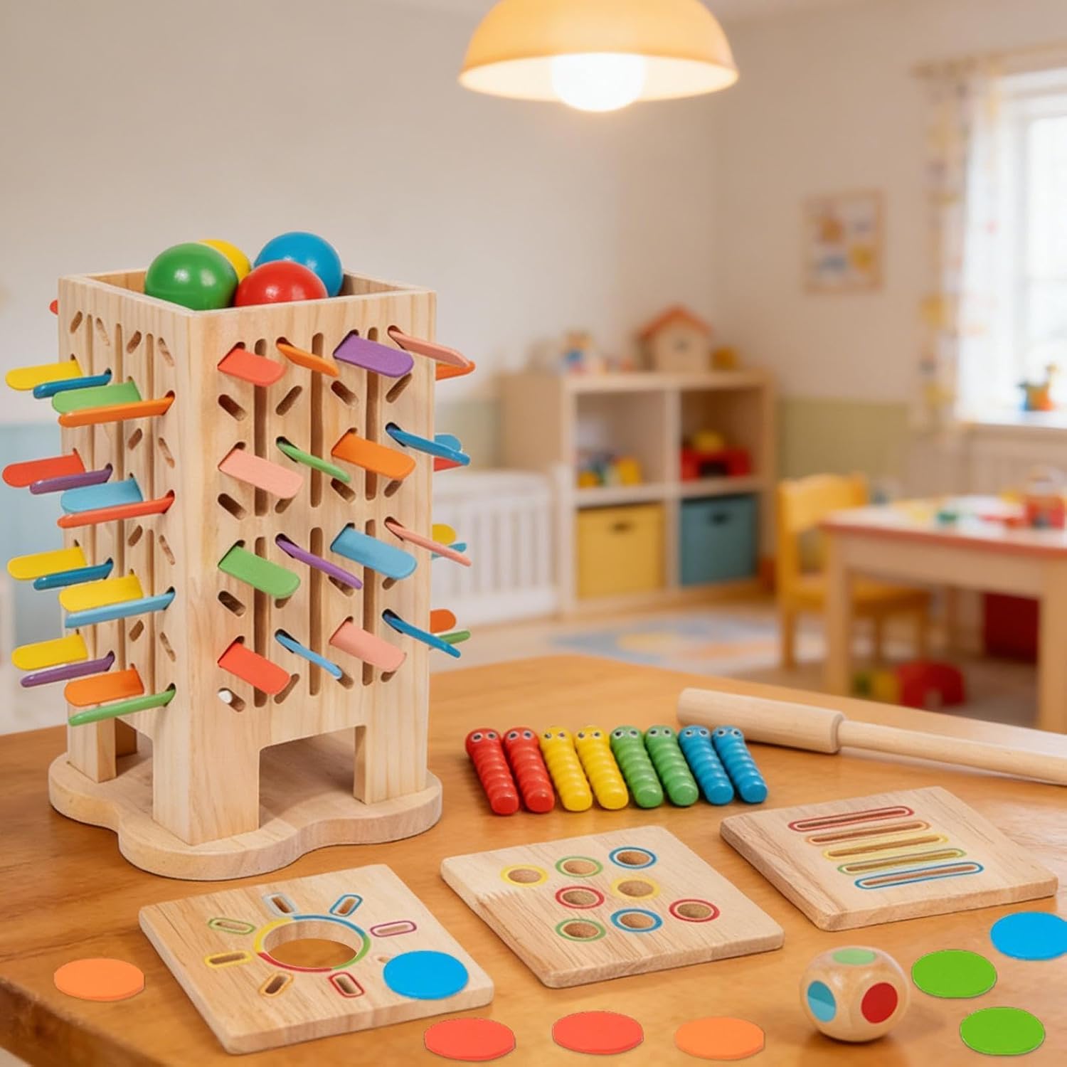 Turn cu Bile, Viermișori Magnetici și Plăcuțe de Sortare Montessori